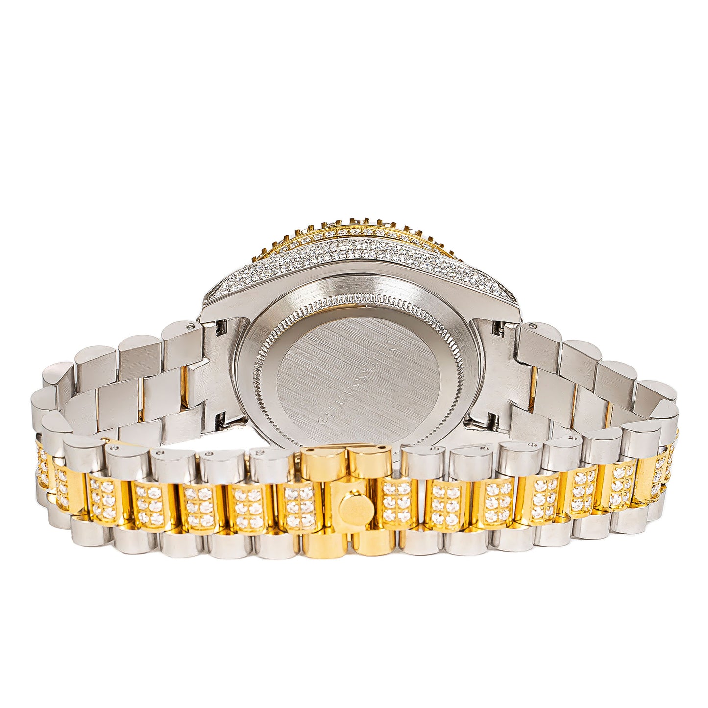 Moissanite Stainless Steel Mens Yellow White Two Tone Steel Band Watch