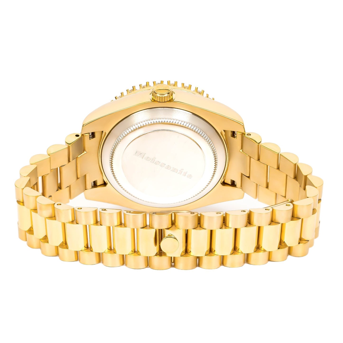 Moissanite Stainless Steel Gold Dial Mens Yellow Steel Band Watch