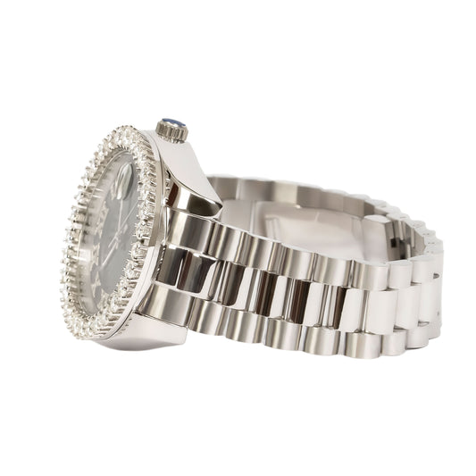 Moissanite Stainless Steel Black Dial Mens White Steel Band Watch