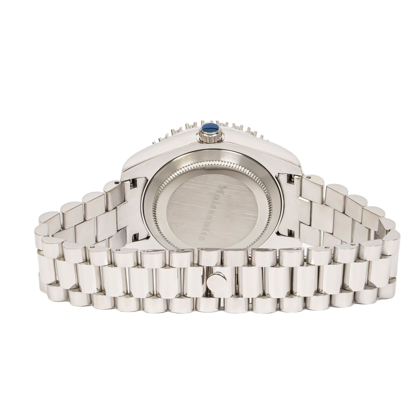 Moissanite Stainless Steel Black Dial Mens White Steel Band Watch