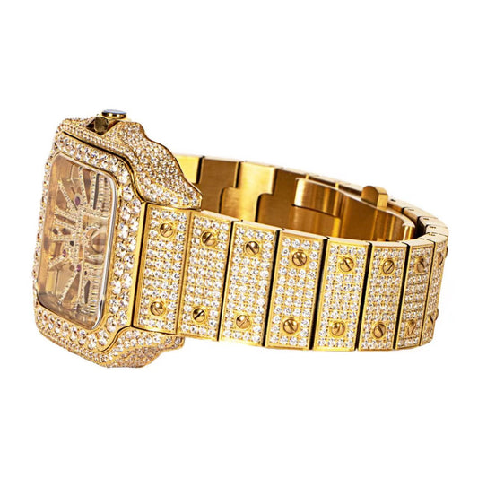 Stainless Steel CZ Yellow Tone Mens Automatic Watch