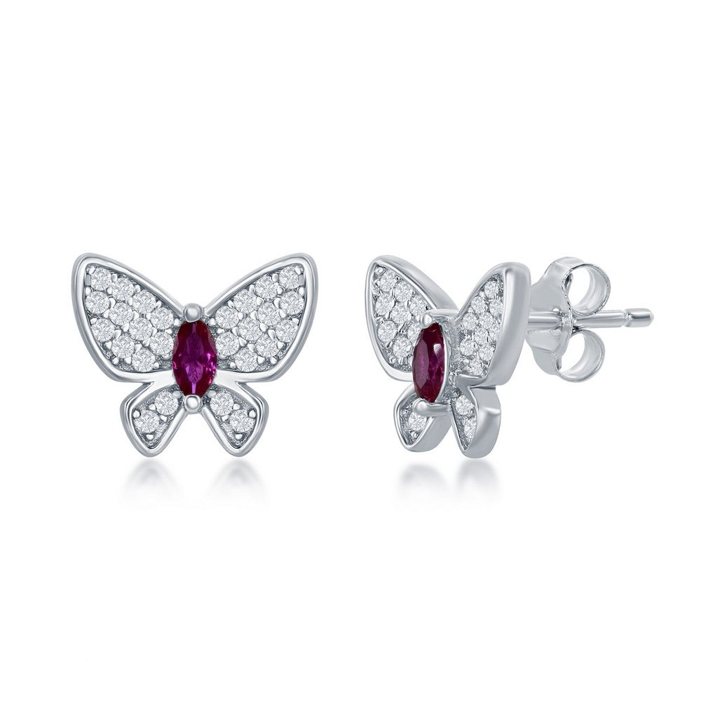 Sterling Silver, White & Ruby CZ Butterfly Stud Earrings