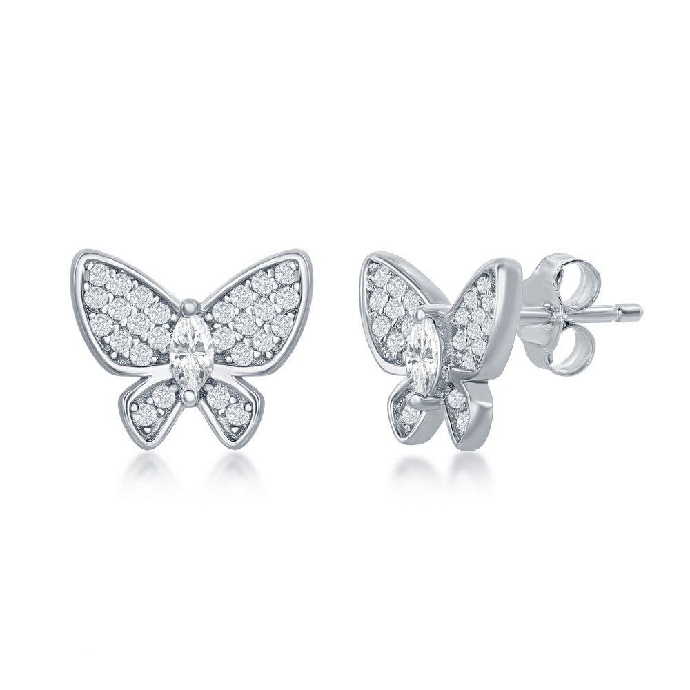 Sterling Silver, White CZ Butterfly Stud Earrings