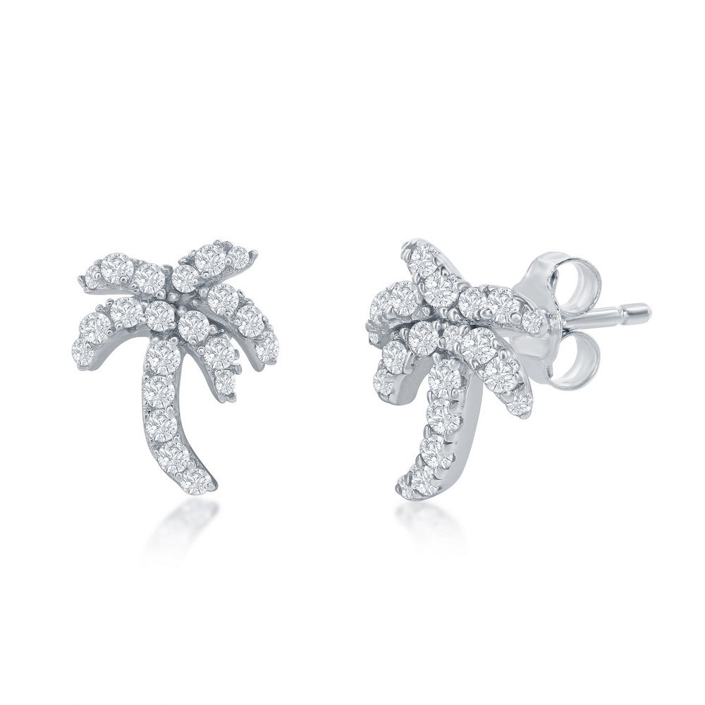 Sterling Silver, CZ Palm Tree Stud Earrings