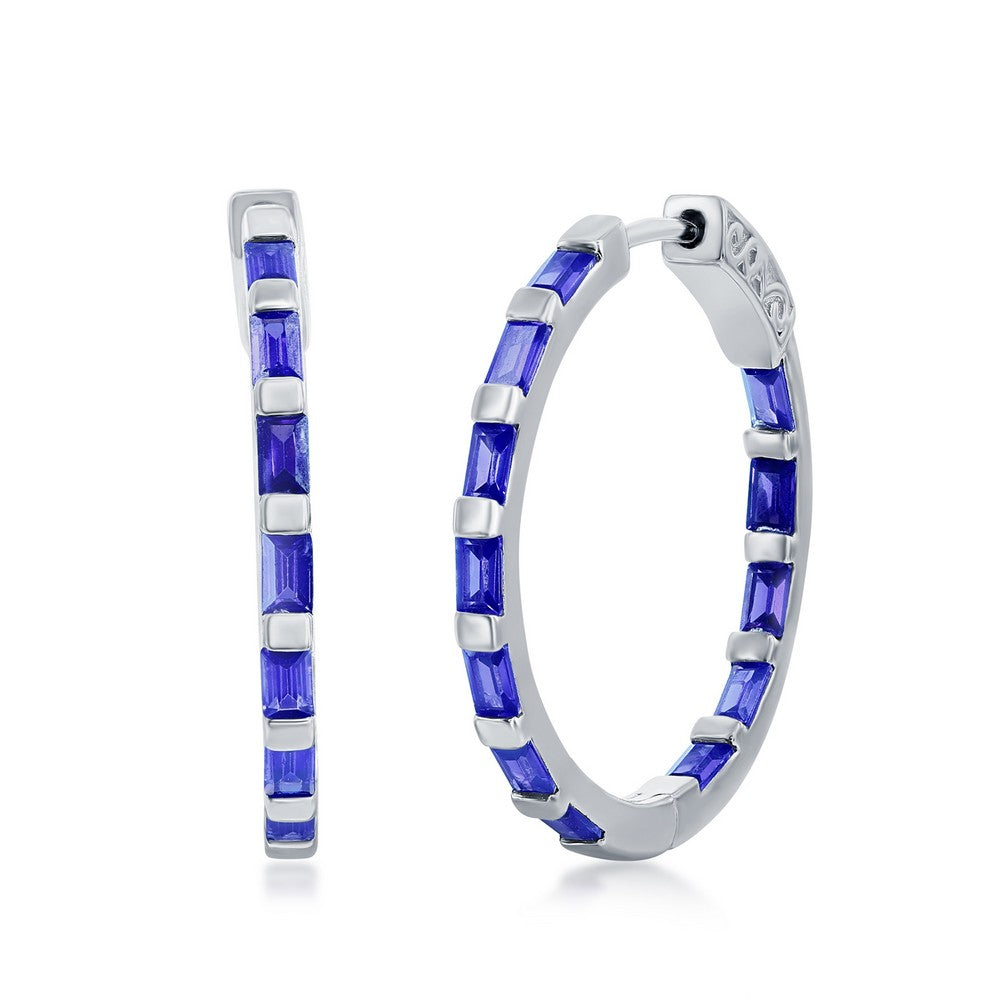 Sterling Silver, Baguette CZ 25mm Hoop Earrings - Sapphire CZ
