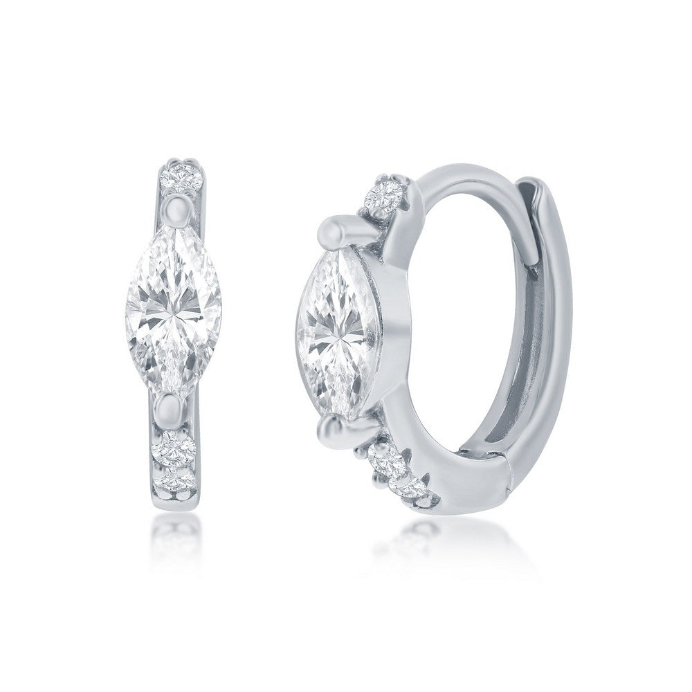 Sterling Silver, 11MM Center Marquise CZ Huggie Hoop Earrings