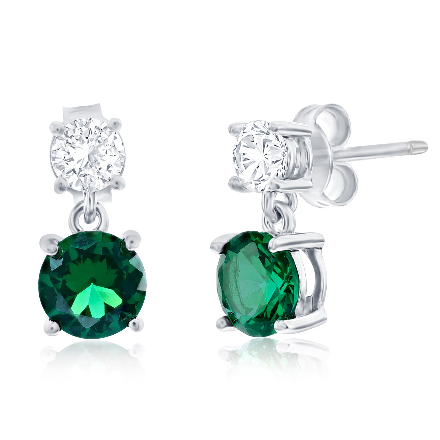 Sterling Silver, Double Round CZ Dangle Earrings - Emerald CZ