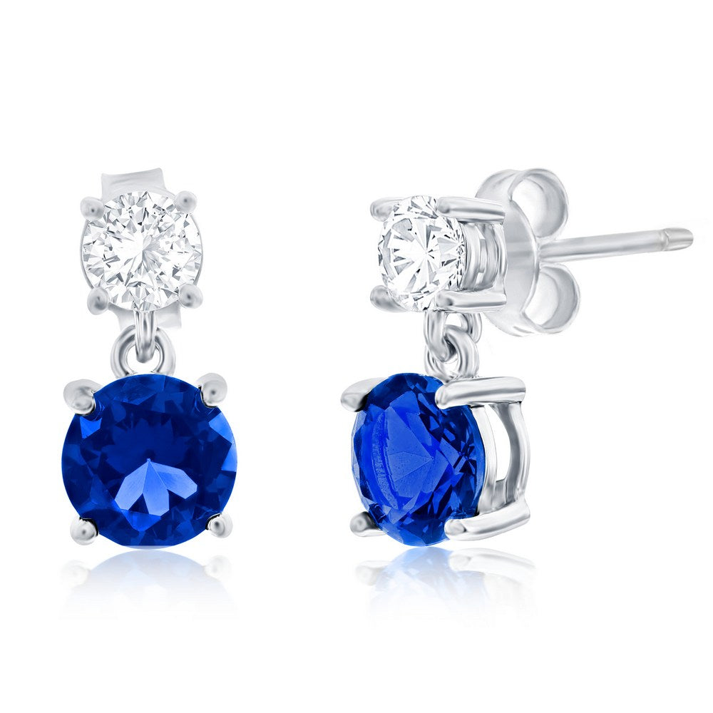 Sterling Silver, Double Round CZ Dangle Earrings - Sapphire CZ
