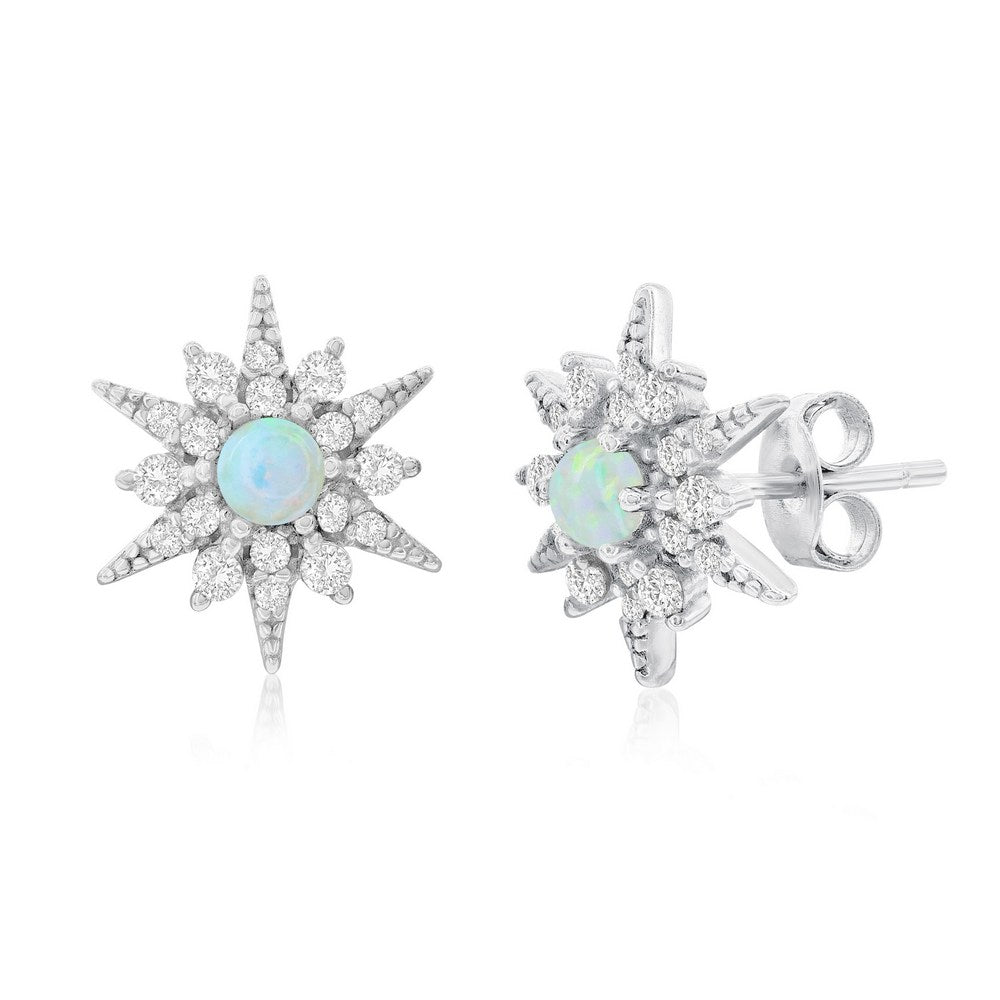 Sterling Silver, White Opal Sunburst CZ Stud Earrings