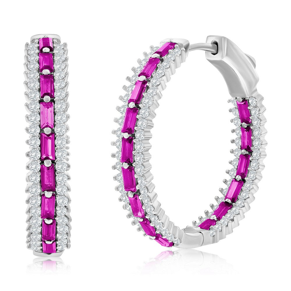 Sterling Silver, Center Baguette & Round CZ Hoop Earrings - Ruby