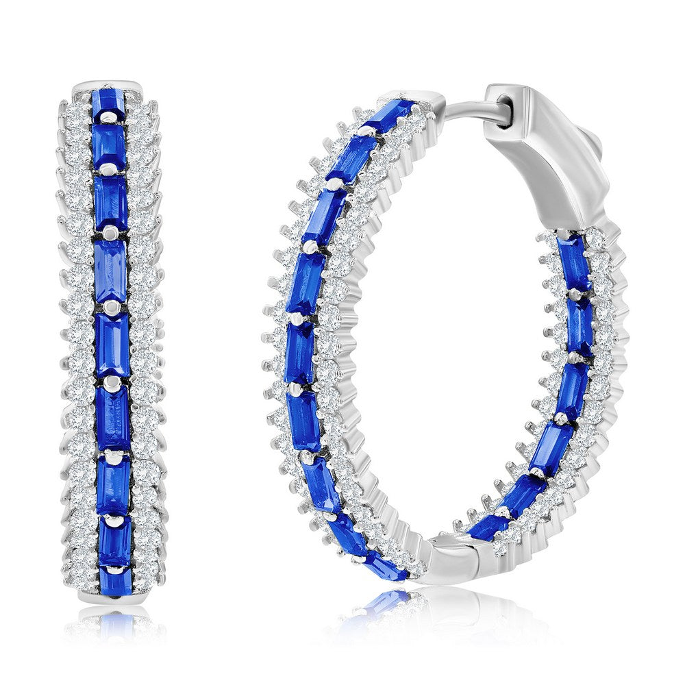 Sterling Silver, Center Baguette & Round CZ Hoop Earrings - Sapphire
