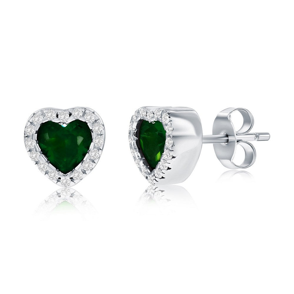 Sterling Silver, CZ Heart Stud Earrings - Emerald
