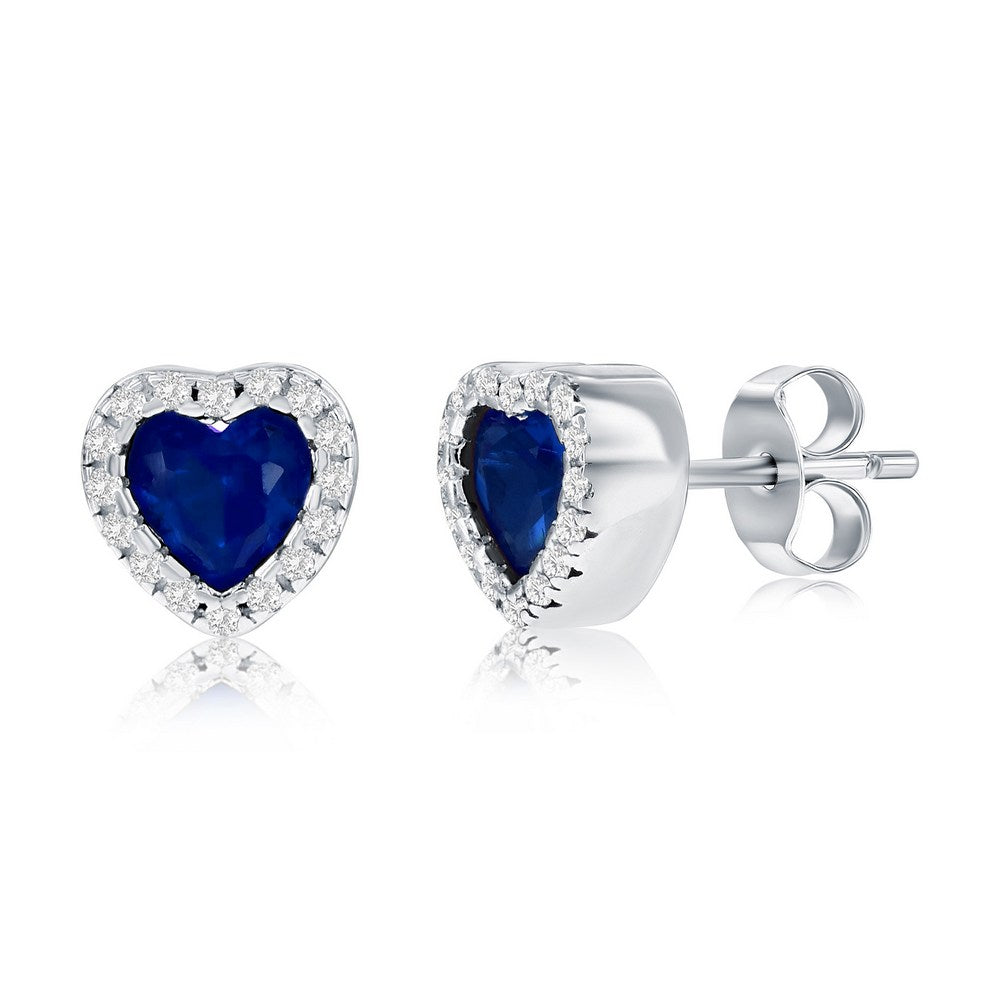 Sterling Silver, CZ Heart Stud Earrings - Sapphire