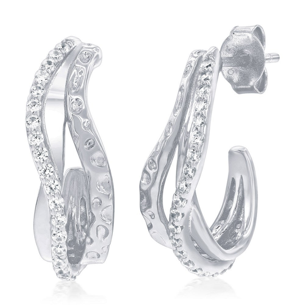 Sterling Silver, Wavy Design Half Hoop CZ Earrings