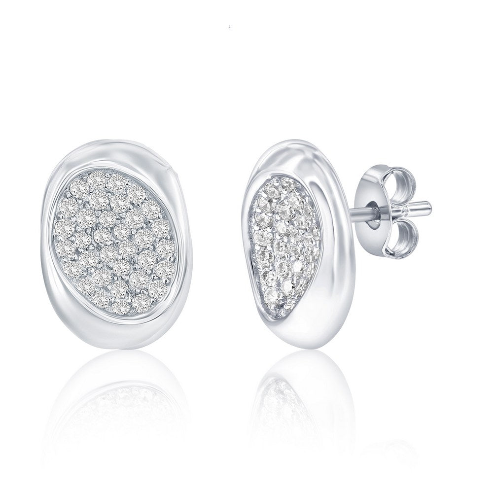 Sterling Silver, Puffed Polished & Pave CZ Oval Studs