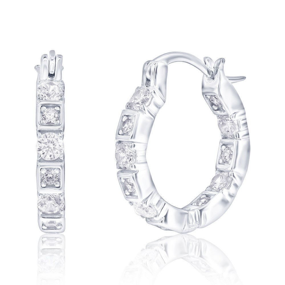 Sterling Silver, 17mm Round & Suqare CZ, Hoop Earrings
