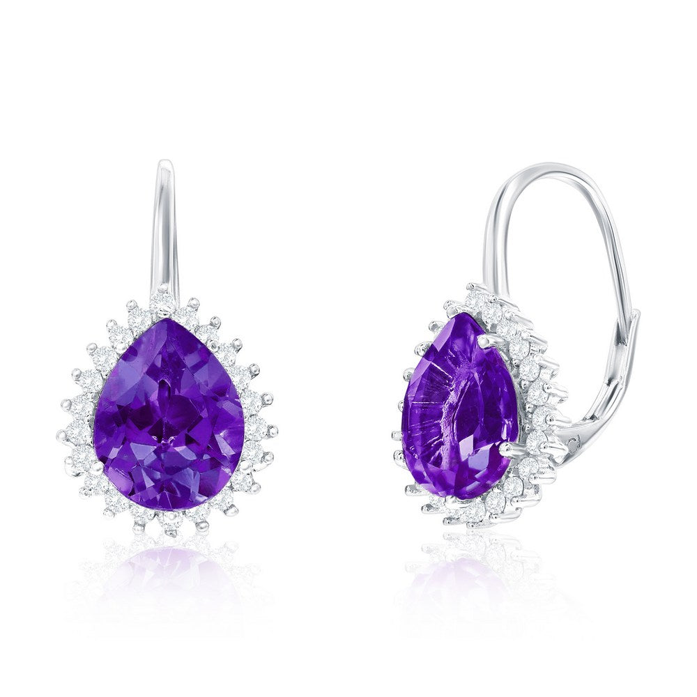Sterling Silver, Pearshaped Halo Gem Earrings - Amethyst & White Topaz