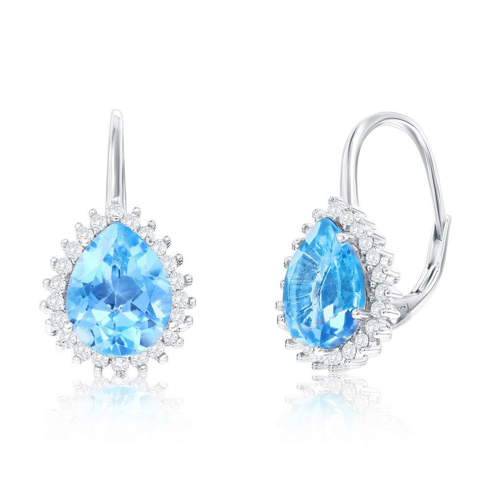 Sterling Silver, Pearshaped Halo Gem Earrings - Blue & White Topaz