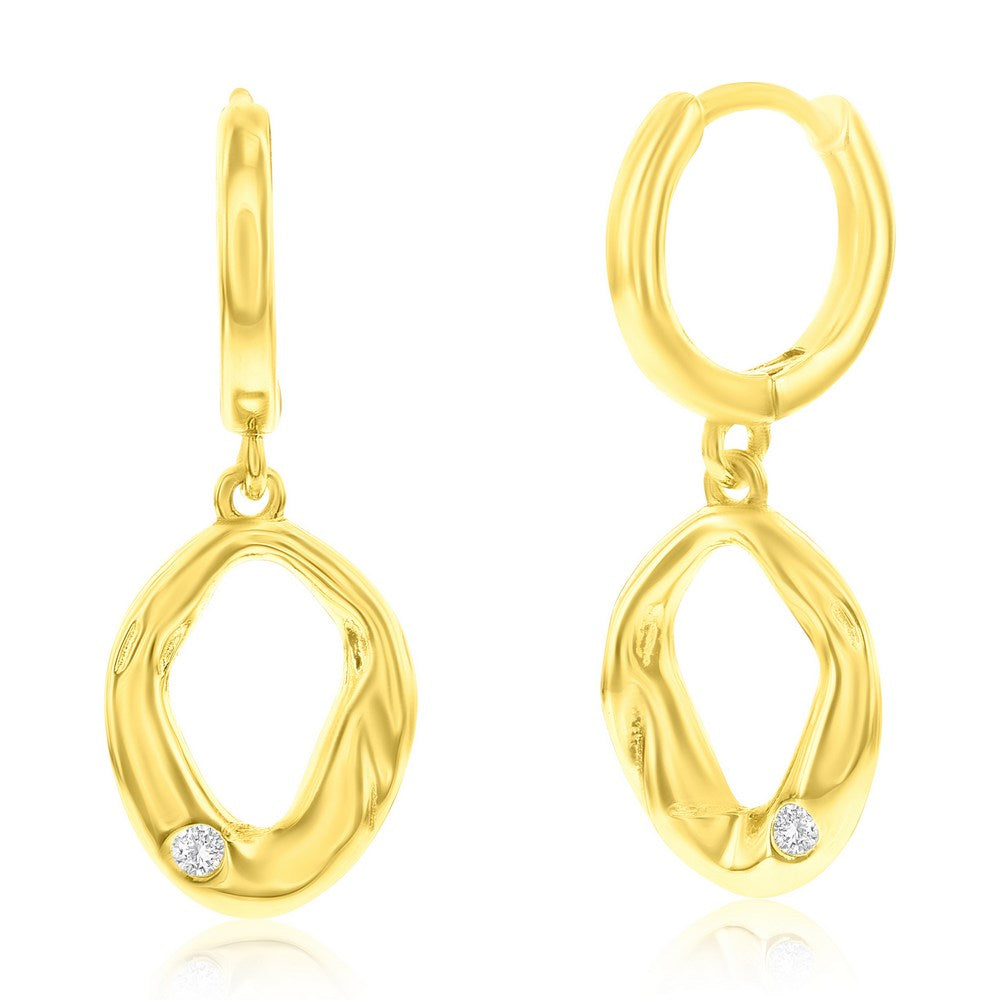 Sterling Silver, Textured Oval CZ Earrings - Gold Plated