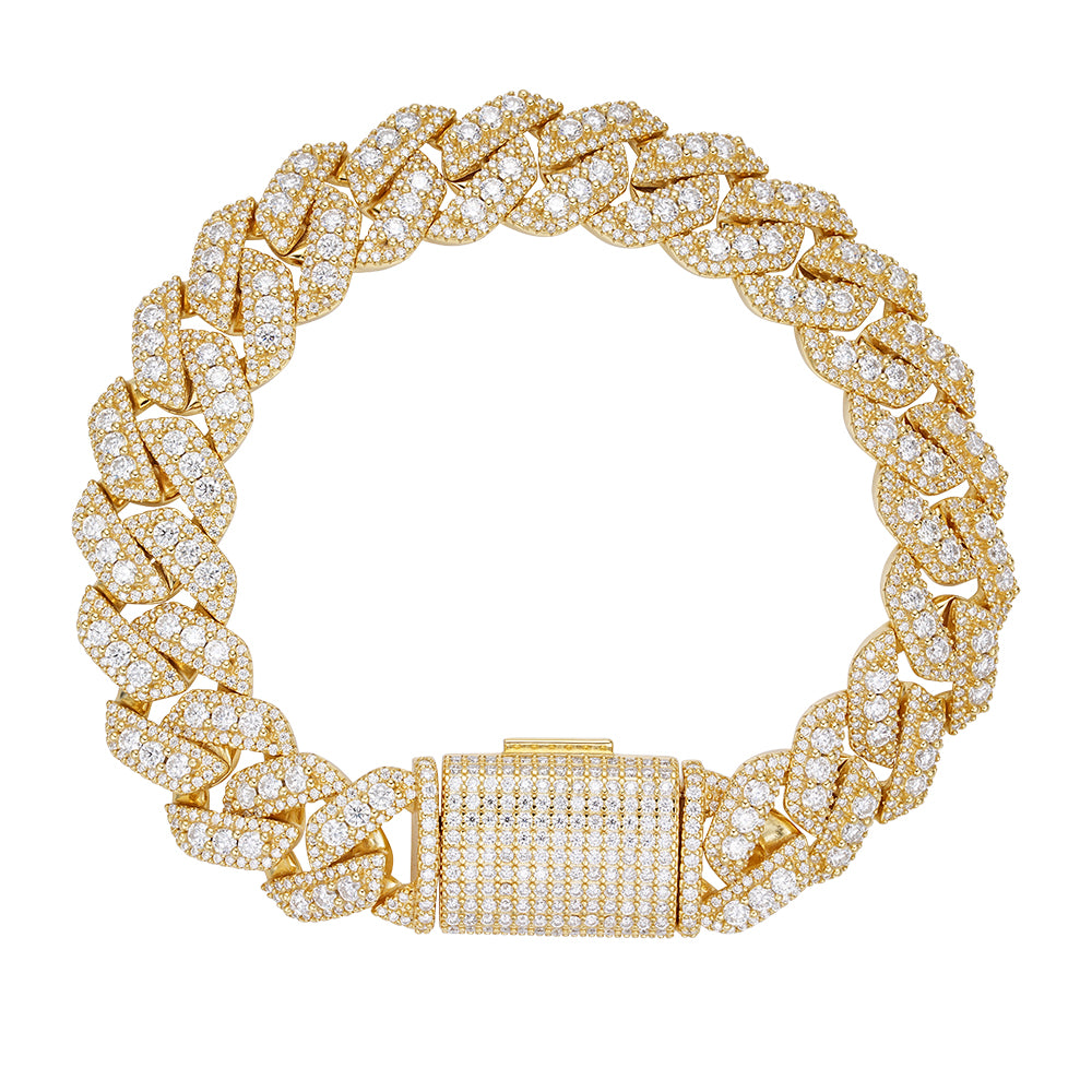 Sterling Silver Round Big Stone in Center Surrounded with Small Stones 14mm Moissanite Cuban Chain 8.5 Inch Bracelet GP 12-3/4 Cttw