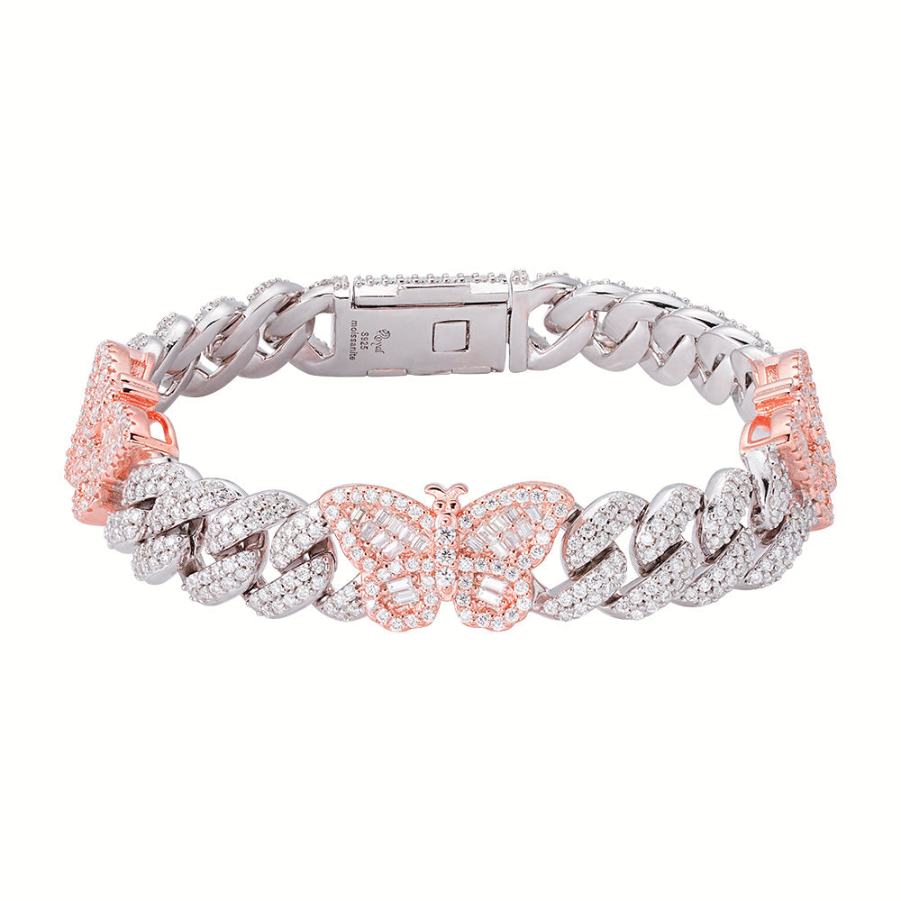 Sterling Silver Round Baguette Moissanite Butterfly Designer 7 Inch Bracelet RP+PP 5-3/4 Cttw