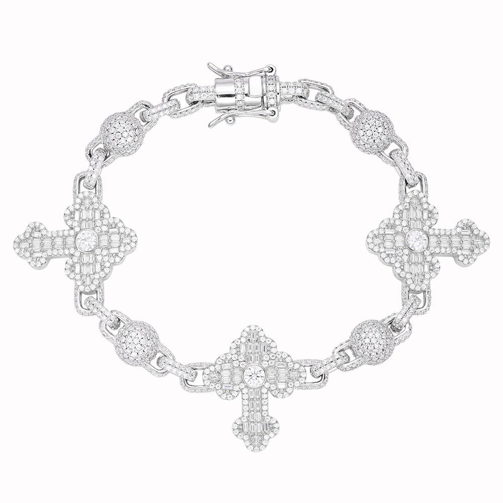 Sterling Silver Round Baguette Moissanite Cross Religious 8 Inch Bracelet RP 10-1/6 Cttw