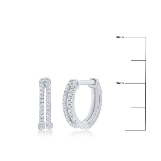 Sterling Silver, 13mm Double Row Huggie, Diamond Earrings - (60 Stones)