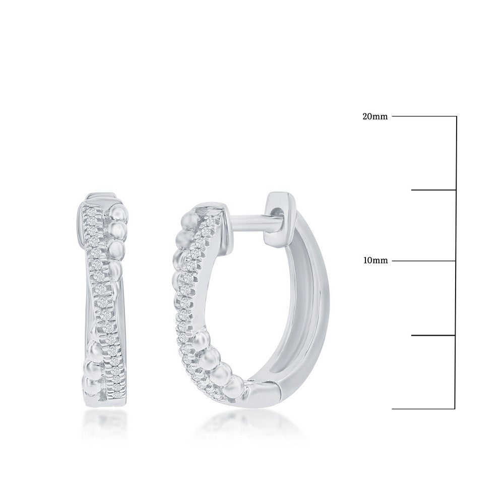 Sterling Silver,15mm 'X' Design Diamond Hoop Earrings - (36 Stones)