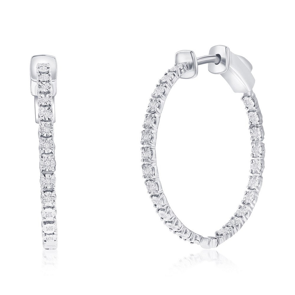 Sterling Silver, 26mm Inside-Outside Diamond Hoop Earrings - (48 Stones)