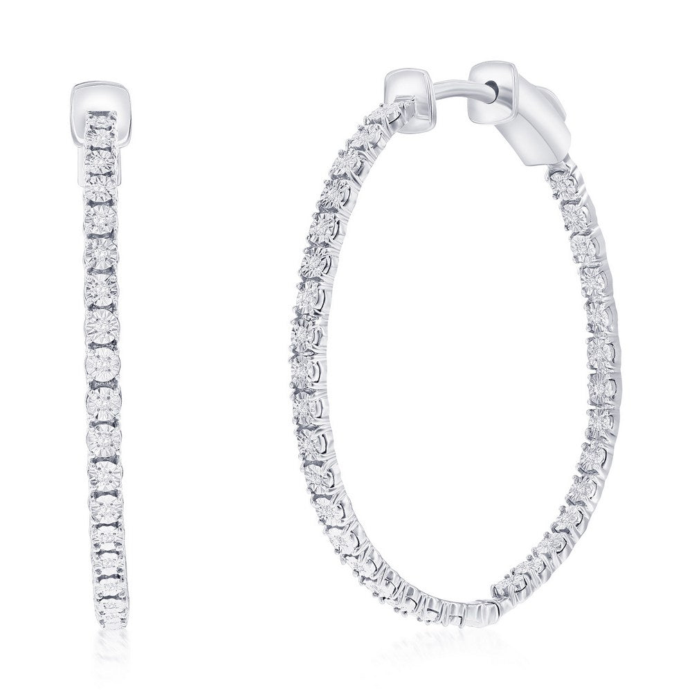 Sterling Silver, 32mm Inside-Outside Diamond Hoop Earrings - (66 Stones)