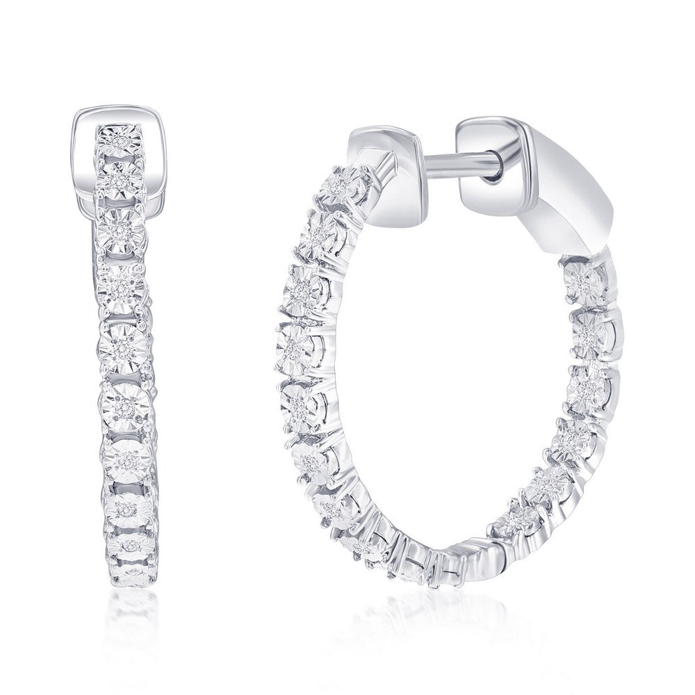 Sterling Silver, 20mm Inside-Outside Diamond Hoop Earrings - (30 Stones)