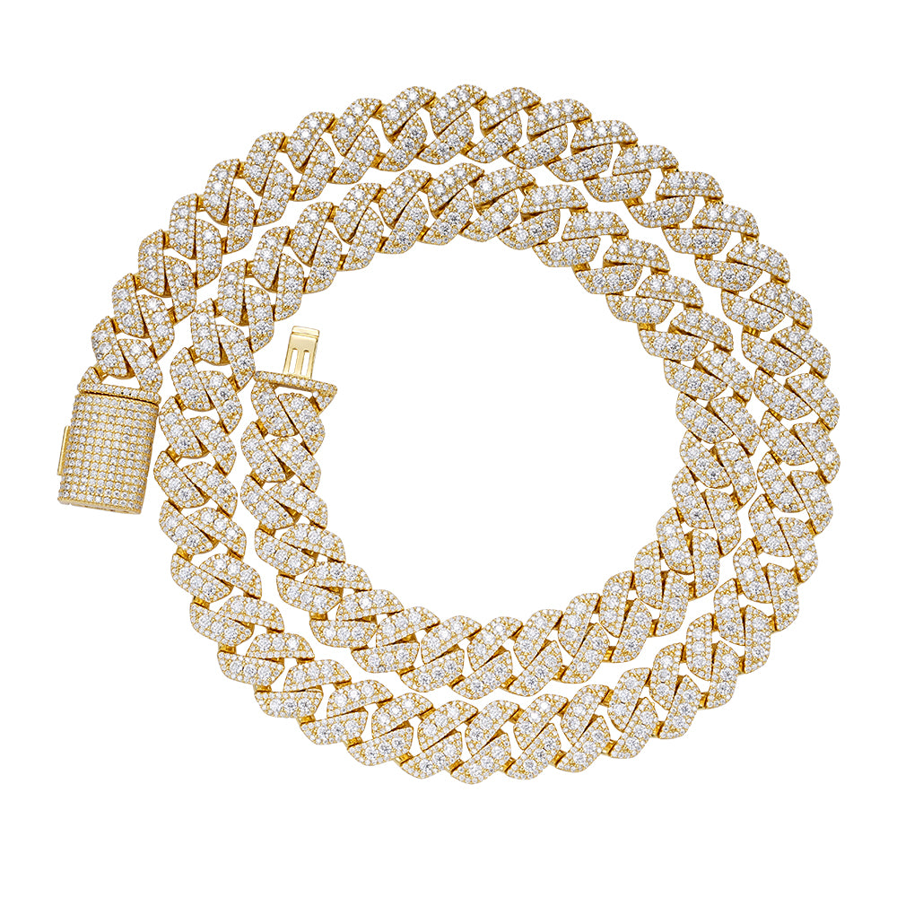 S.Silver Round Big Stone in Center Surrounded with Small Stones 12mm Moissanite Cuban Chain 24Inch Necklace GP 30 Cttw