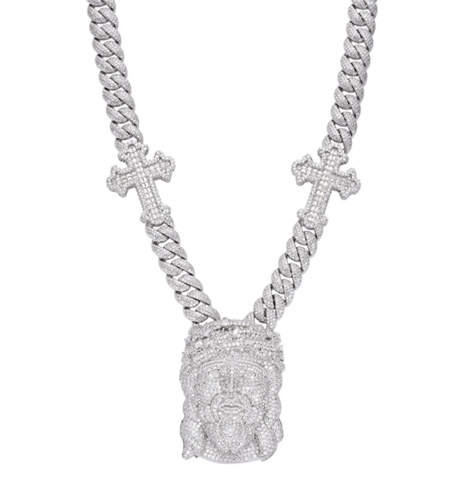 Sterling Silver Round Baguette Moissanite Jesus & Cross Cuban Designer 22Inch Necklace RP 38-1/2 Cttw
