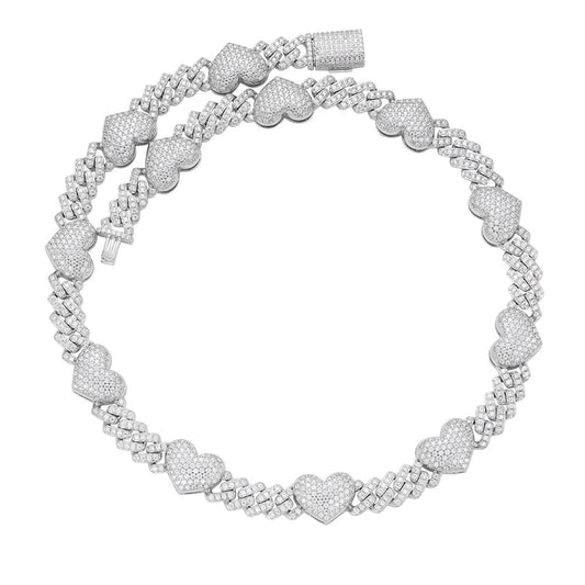 Sterling Silver Round Moissanite Cuban Heart Link Designer 18 Inch Necklace RP 15-1/2 Cttw