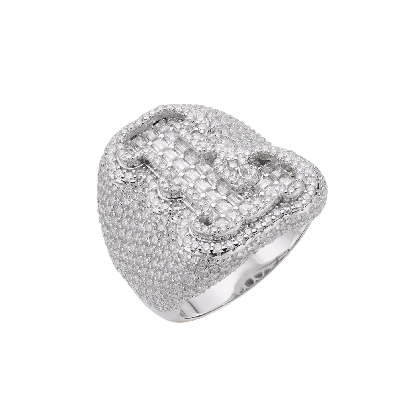 Sterling Silver Round Baugette Moissanite Albhabet L letter Initial SZ 10 Mens Ring RP 6-5/8 Cttw