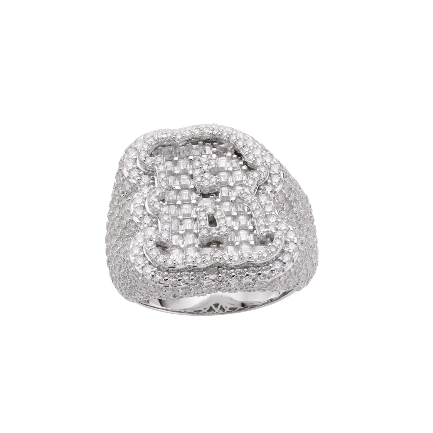 Sterling Silver Round Baugette Moissanite Albhabet R letter Initial SZ 10 Mens Ring RP 6-7/8 Cttw