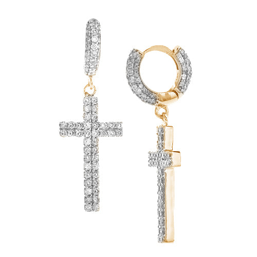 14KY 1.30CTW DIAMOND HUGGIES WITH DANGLING CROSS