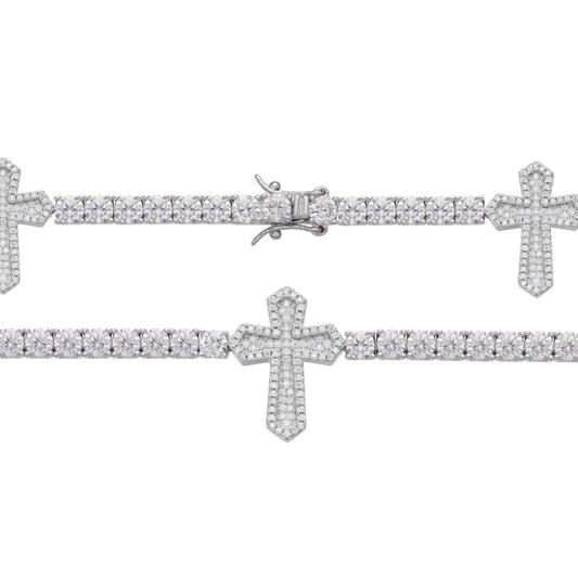 Sterling Silver Round Moissanite Cross Religious Bracelet 8.5 Inch RP 12-1/3 Cttw