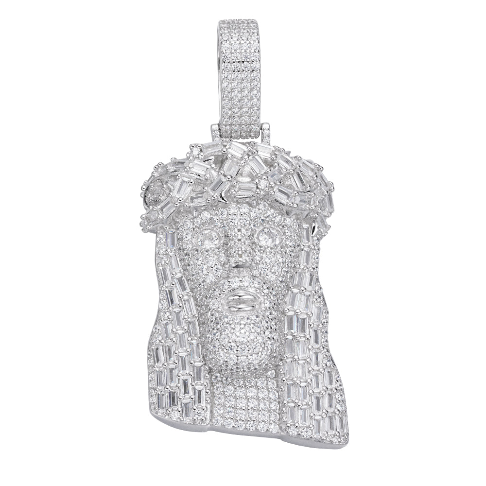 S.Silver 45mm Round Baguette Moissanite Jesus Face Religious Pendant RP 8-7/8 Cttw