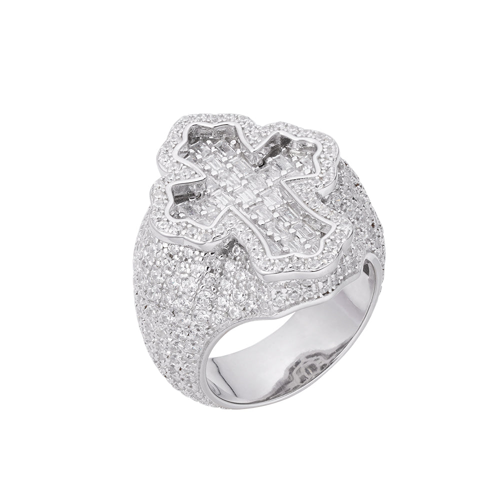 Sterling Silver Round Baguette Moissanite Cross Religious Sz 10 Mens Ring RP 7 Cttw
