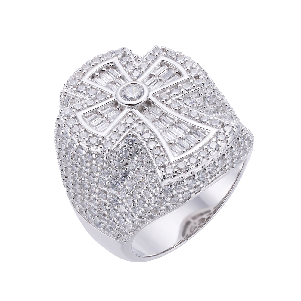 Sterling Silver Round Baguette Moissanite Cross Religious Sz 10 Mens Ring RP 4-7/8 Cttw