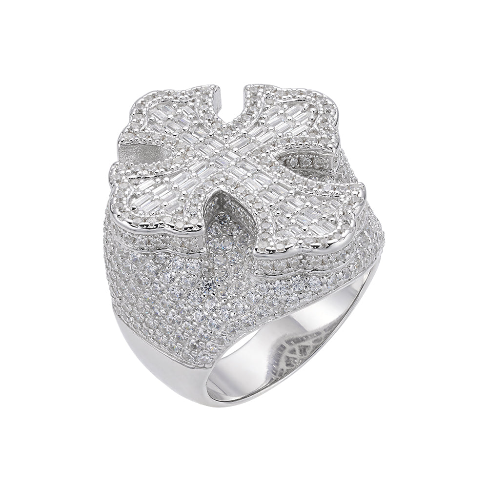 Sterling Silver Round Baguette Moissanite Cross Religious Sz 10 Mens Ring RP 6-1/2 Cttw
