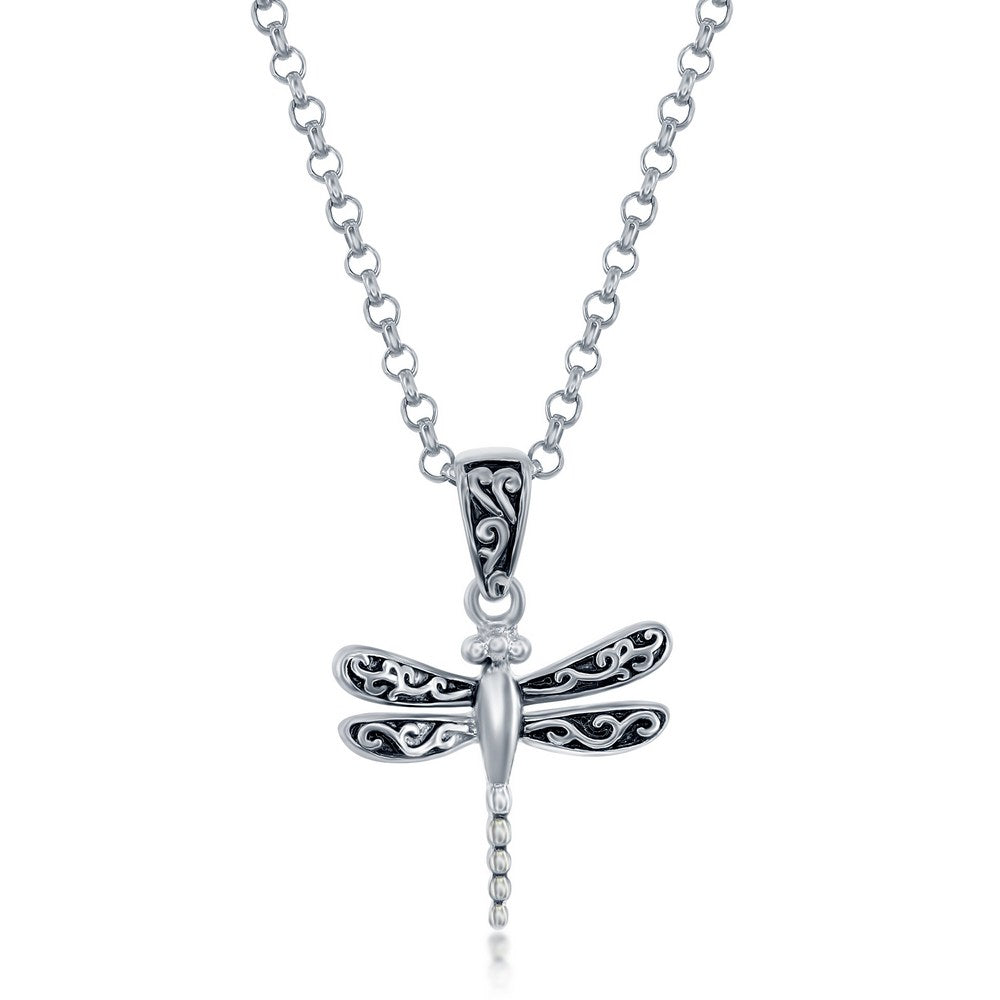 Sterling Silver, Oxidized Small Dragonfly Pendant w/Chain