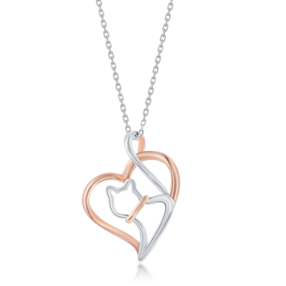 Sterling Silver, Rose Gold Heart Cat Pendant - Two-Tone