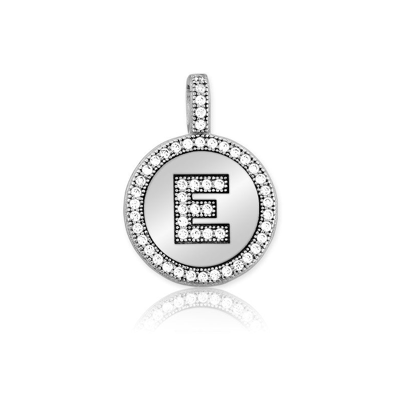 Sterling Silver Micro Pave Circle "E" Pendant W/Chain