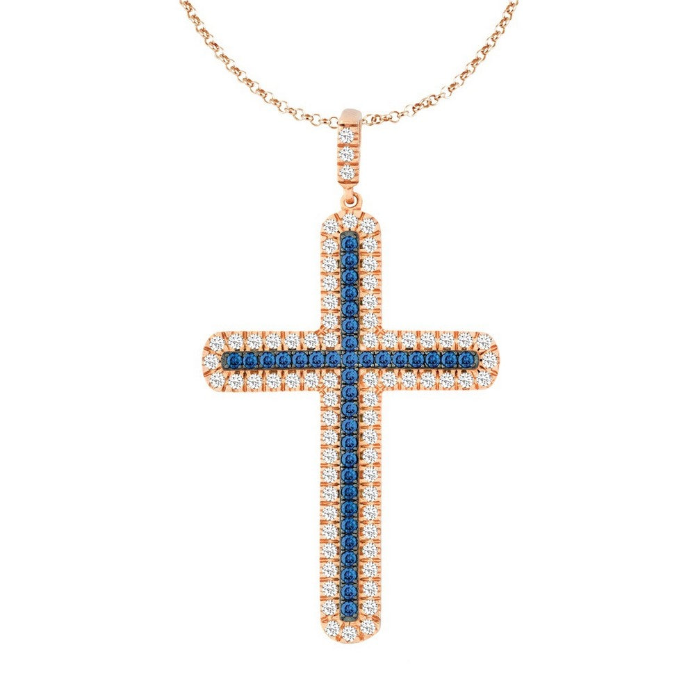 Sterling Silver Saphirre and Clear CZ Micro Pave Cross Pendant - Rose Gold Plated