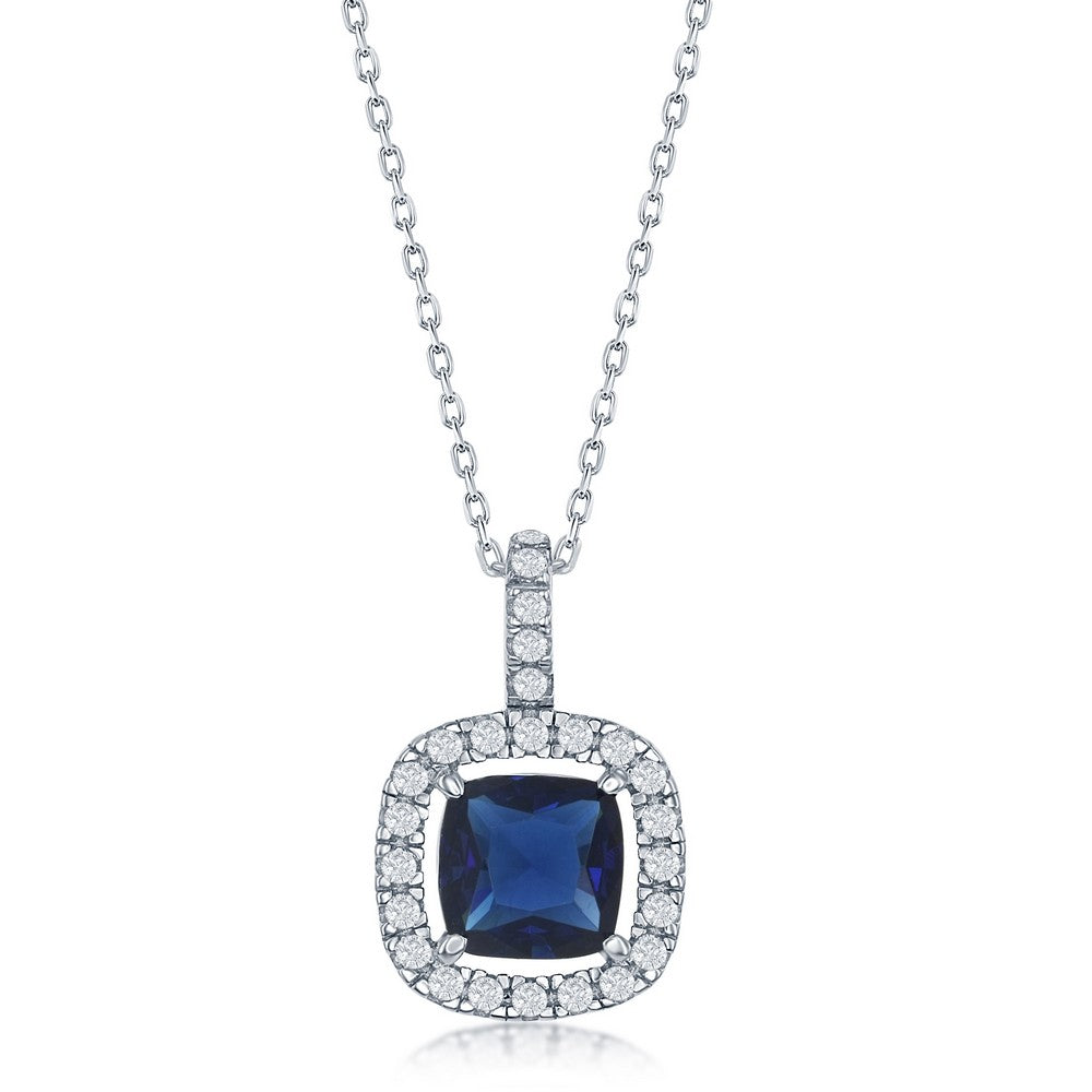 Sterling Silver, White CZ Square Pendant - Blue Sapphire