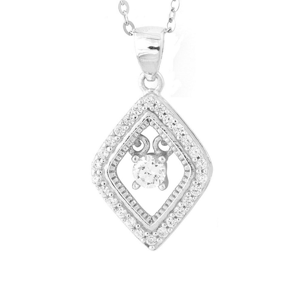 Sterling Silver Micro Pave with Center Dancing/Shimmering CZ Diamond Shaped Pendant W/Chain
