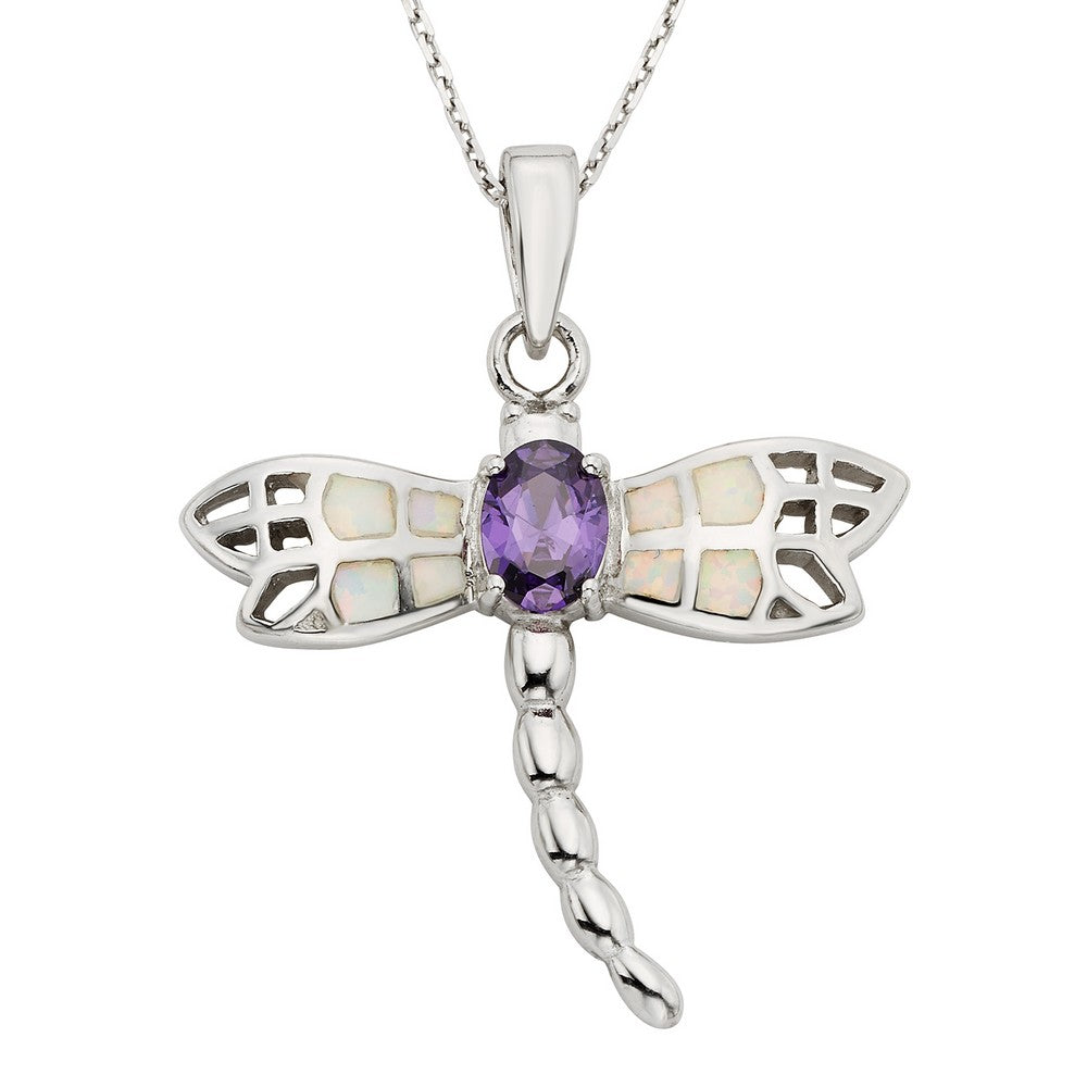 Sterling Silver, White Inlay Opal Dragonfly w/Center Oval Amethyst CZ Pendant