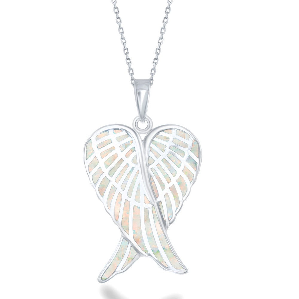 Sterling Silver White Inlay Opal Angel Wings Pendant